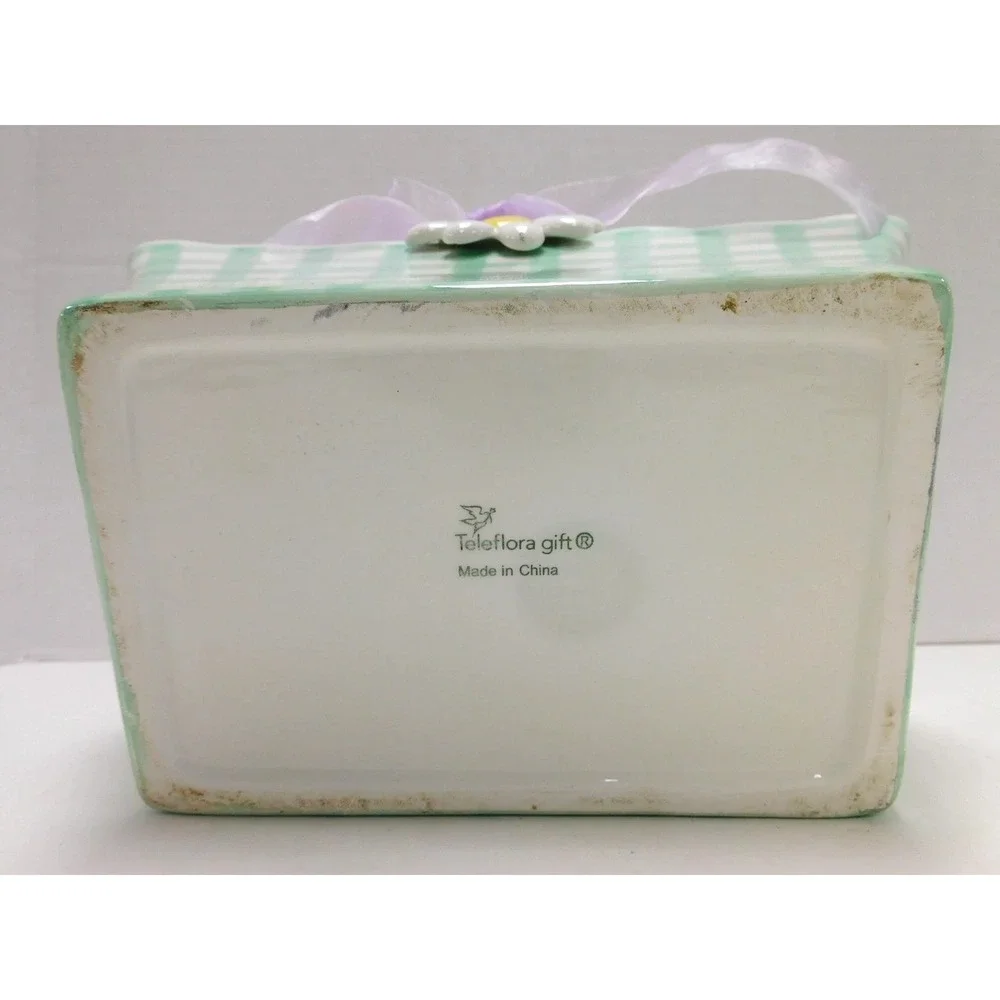 Teleflora Ceramic Basket Green Gingham Check Daisy Flower Easter Planter DW84